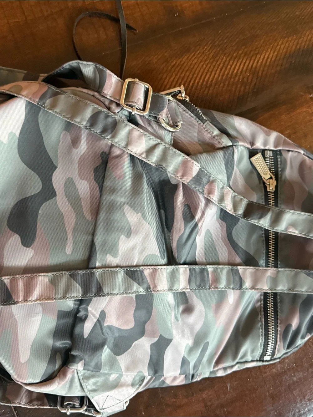 Rebecca Minkoff Camouflage Backpack in Green and Brown with Black Trim